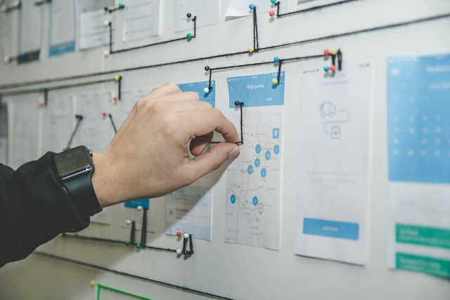Wireframes pinned to a planning wall