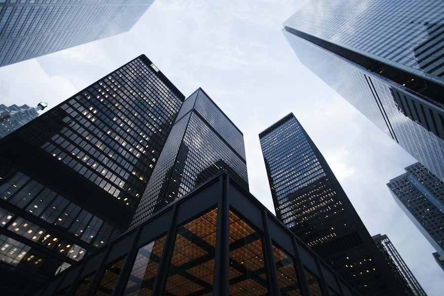 Bank towers in a financial district, looking up