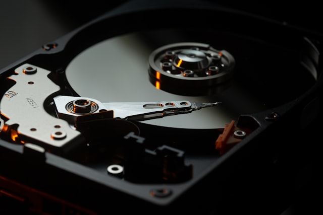 Open hard drive platter, close up