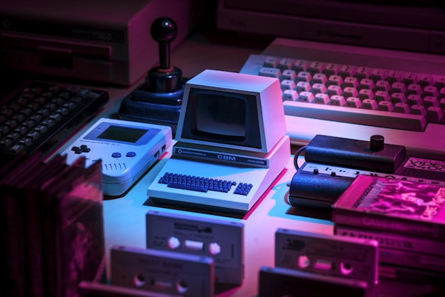Retro computers in neon light