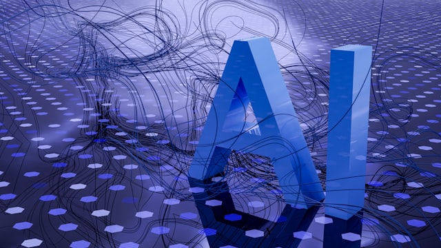 3D AI letters over a hexagonal grid